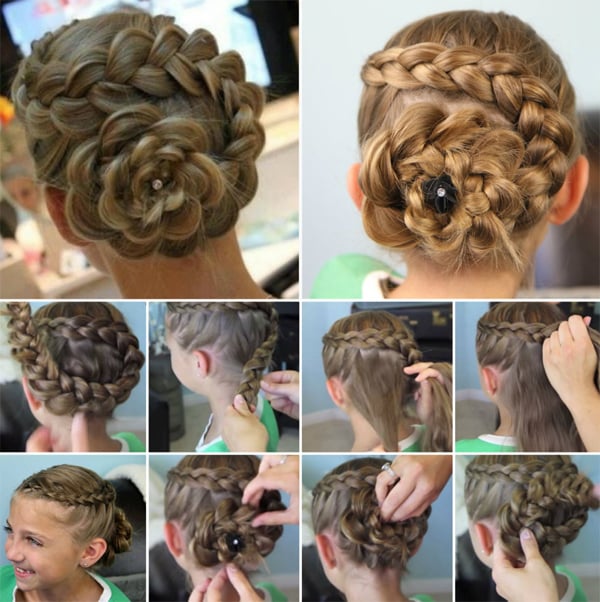 penteado com trança infantil com flor de cabelo