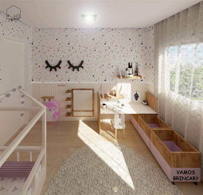 quarto infantil feminino com papel de parede