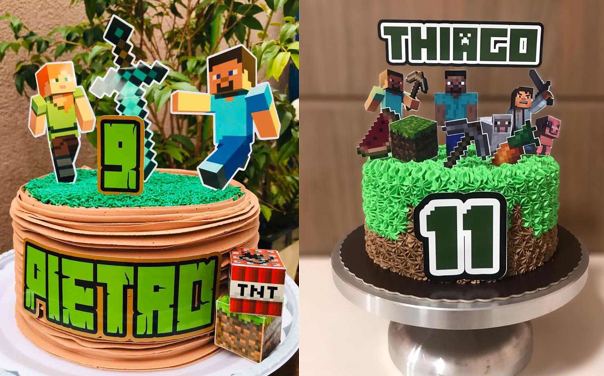 bolo retangular com papel de arroz  Bolo minecraft, Festa de aniversário  minecraft, Decorações de festa minecraft